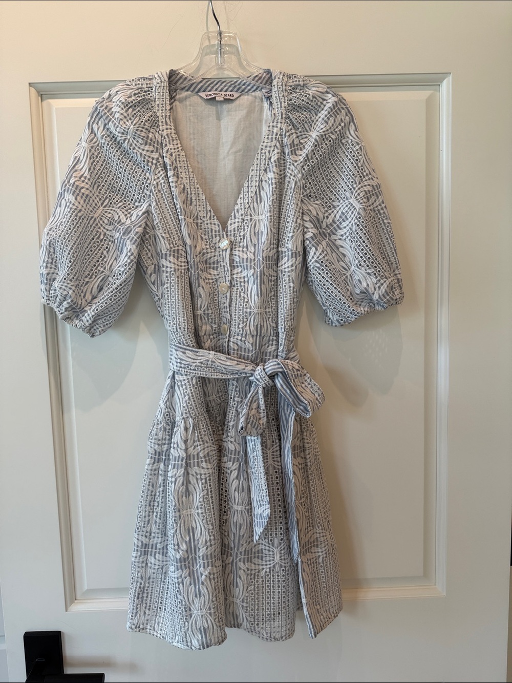 Veronica Beard Light Blue & White Eyelet Tie-Waist Mini Dress - Size 4